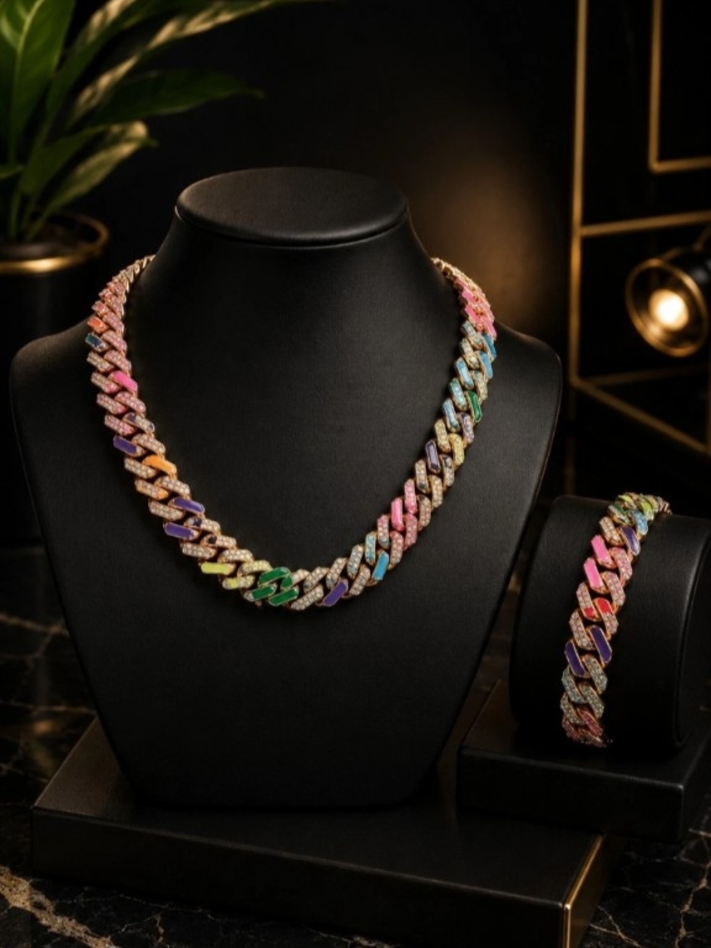 Men's Multicolor Cuban Link Necklace & Bracelet Set - Fashion Jewelry